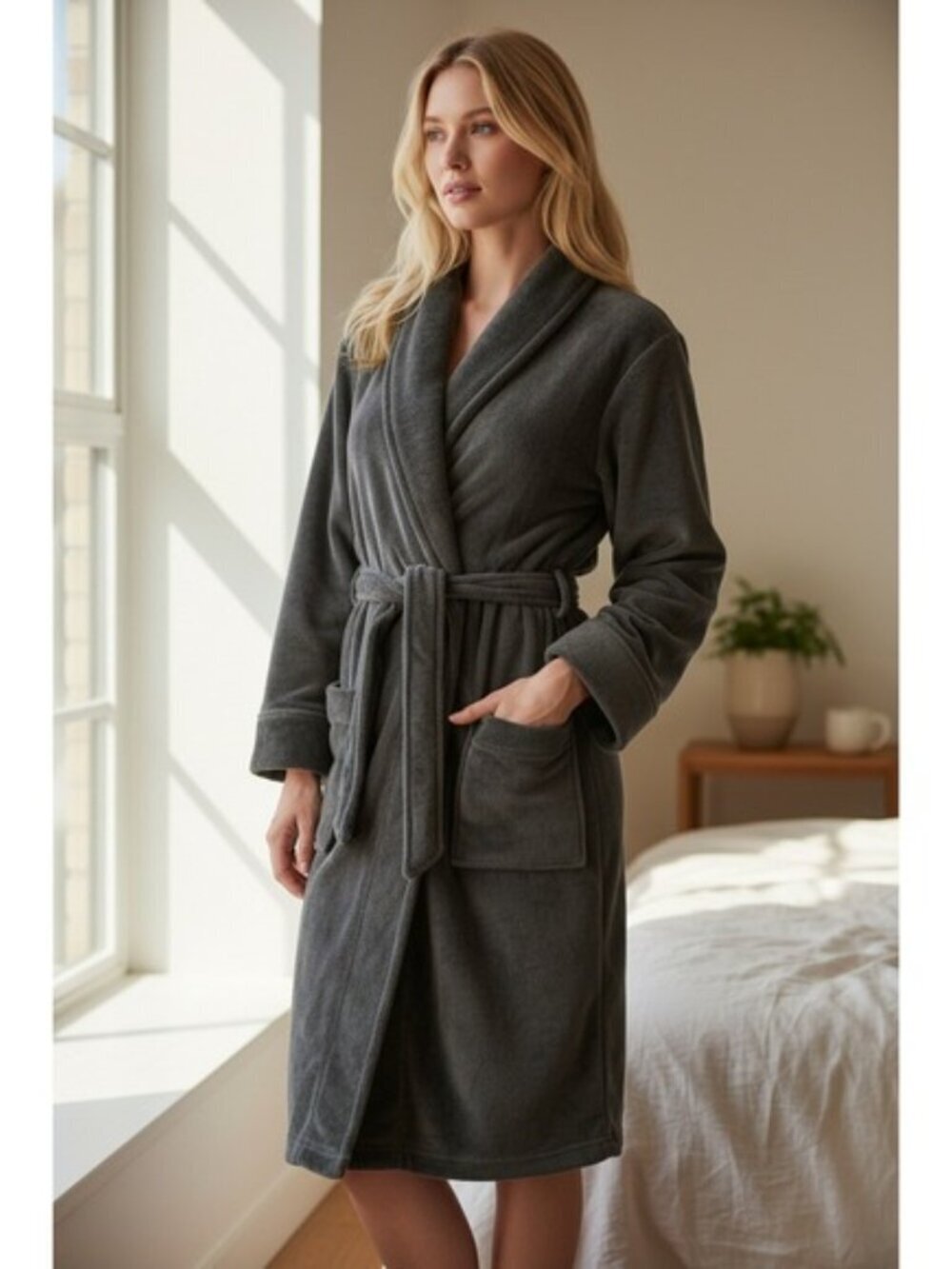 BROOKSTONE NAP Ultra Plush Unisex Bathrobe Gray Size S/M